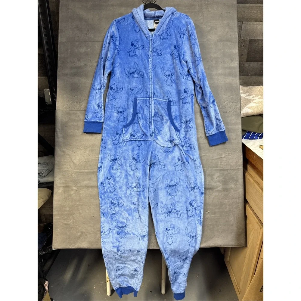 Disney Women's Stitch fleece union suit Hood Zipper Kangaroo Pocket  XL